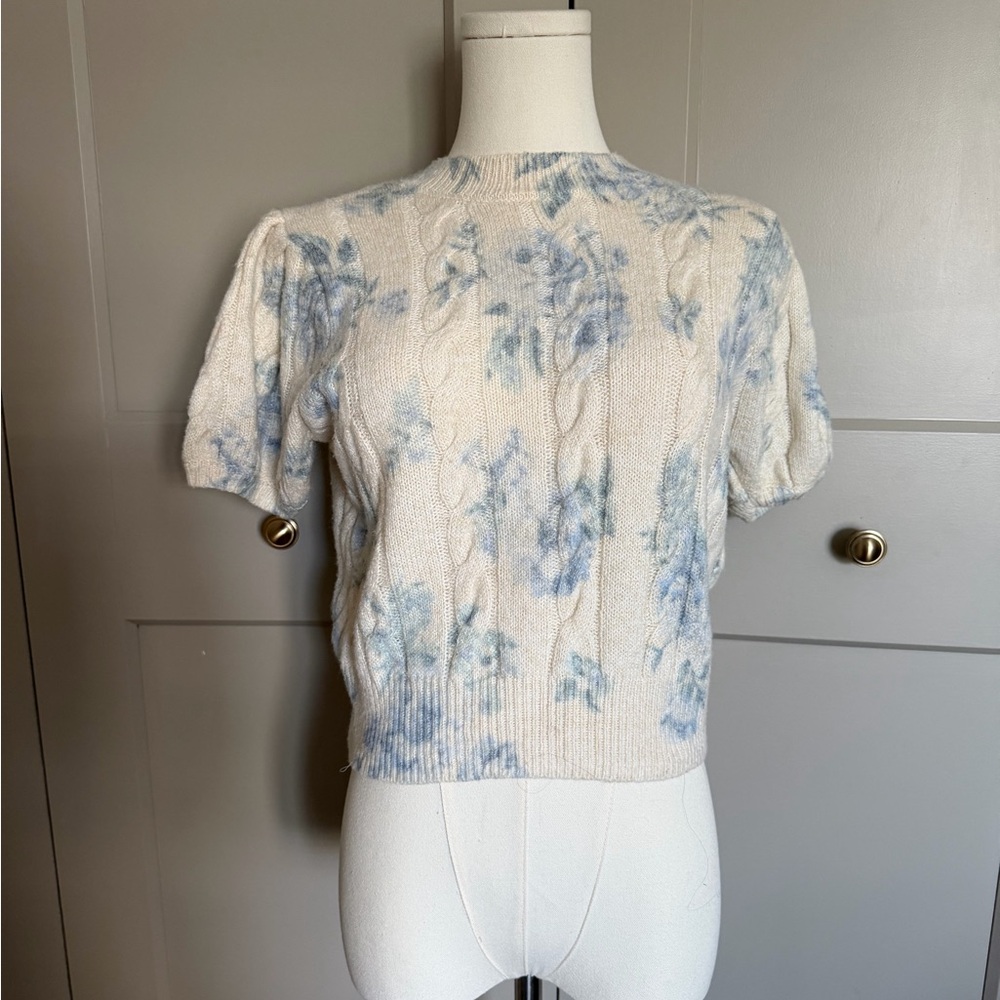 Cream & Blue Floral Cable Knit Puff Sleeve Sweater XS